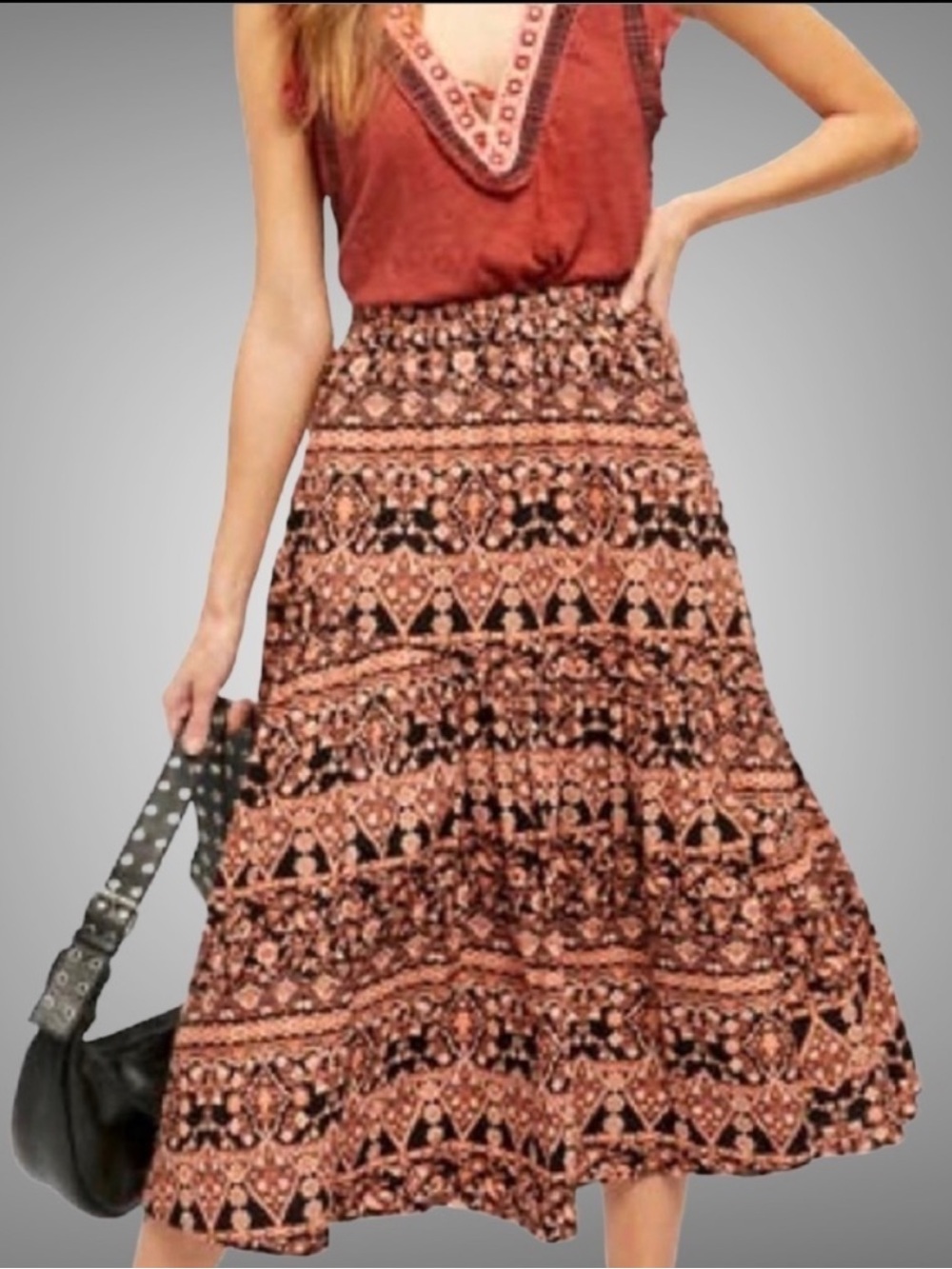 Free People All About The Tiers Printed Midi Skirt SizeM